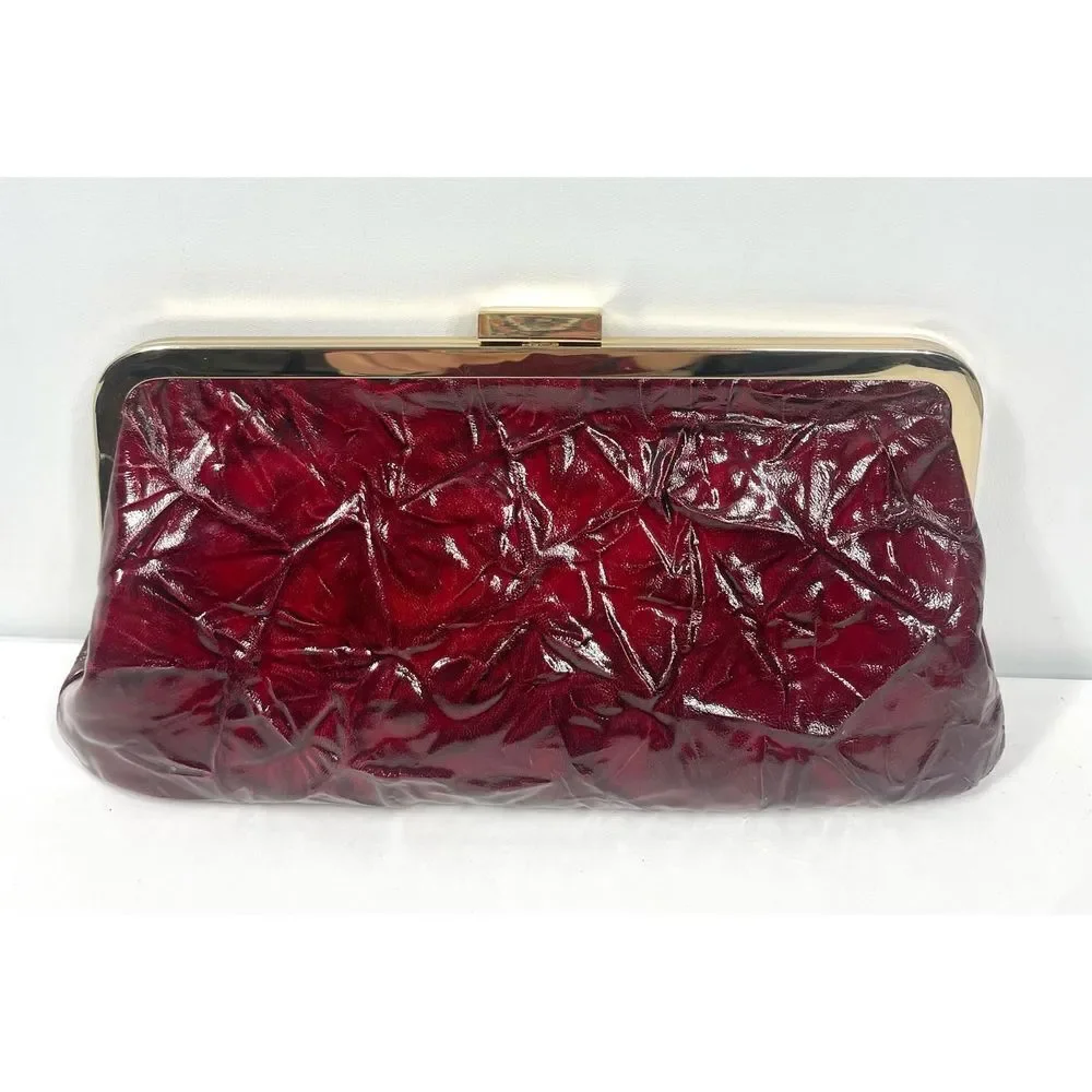 Vintage HOBO International Crinkle Dark Red Glaze Leather Clutch Gold Clasp RARE